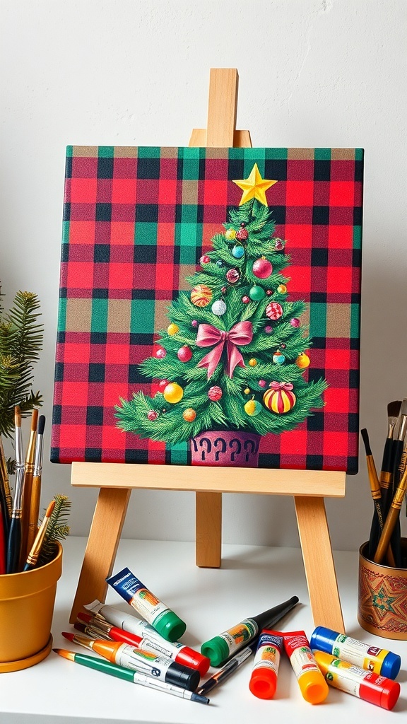 A preppy Christmas painting with plaid patterns and ornaments on an easel.